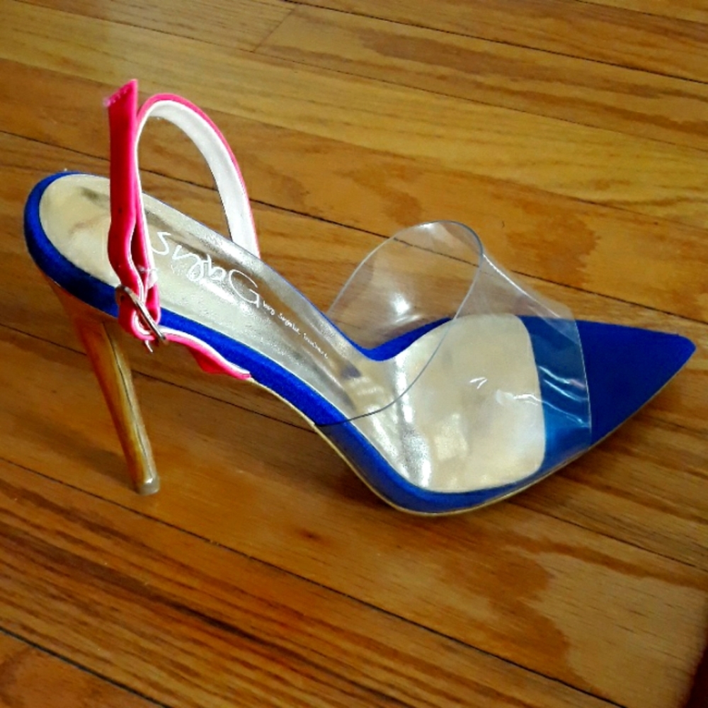 NEW Blue and Pink Women's Open Pointed Toe Heels Size 39 Blue, Pink, Gold Multi